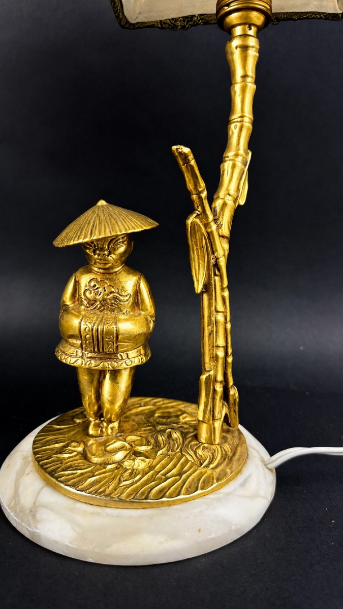 Paire de lampes de chevet, Madame, Monsieur, personnages asiatiques en bronze-photo-2