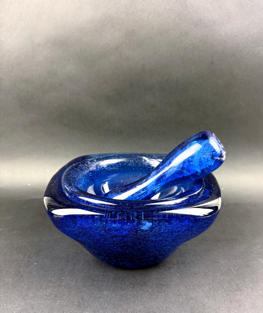 Large Mortar And Pestle In Bubble Glass, Biot