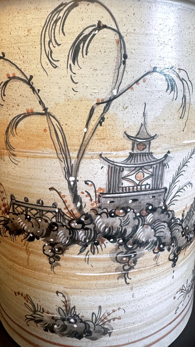 Grande lampe à poser en grès émaillé italien, scène tournante asiatique-photo-2