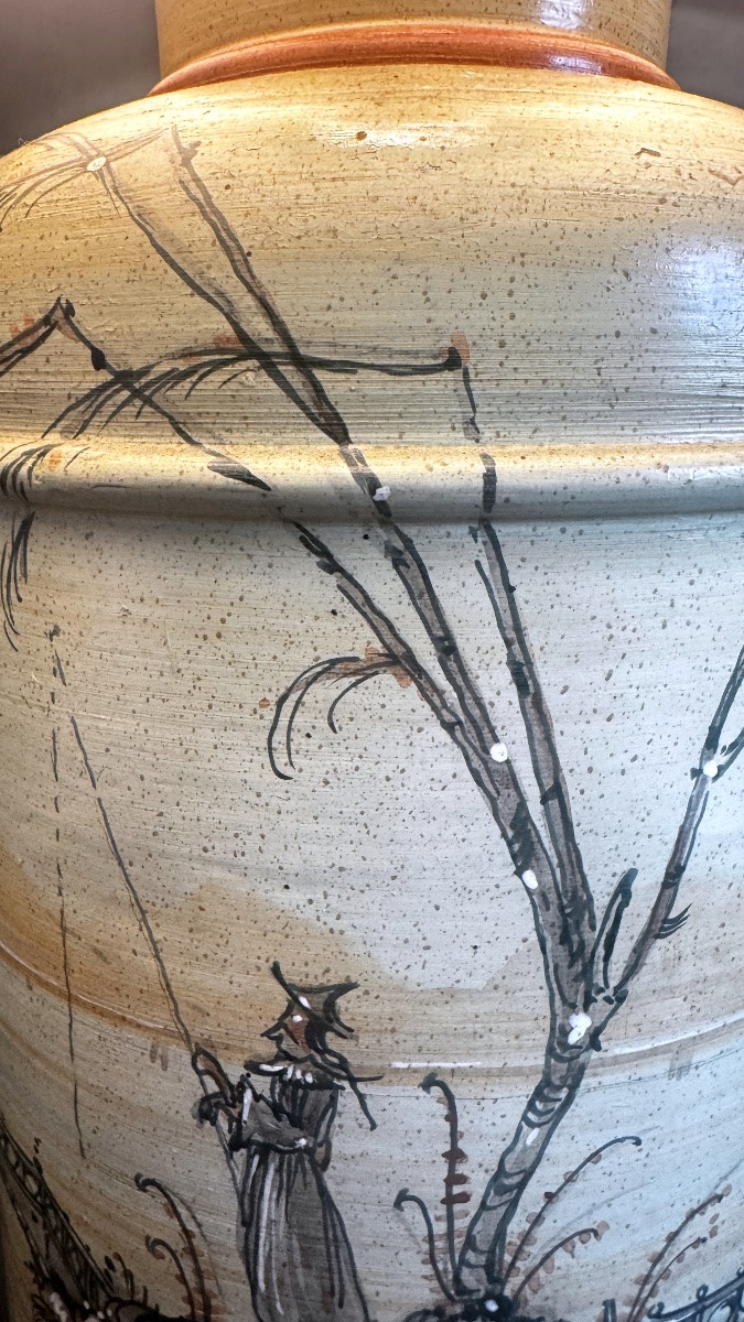 Grande lampe à poser en grès émaillé italien, scène tournante asiatique-photo-4