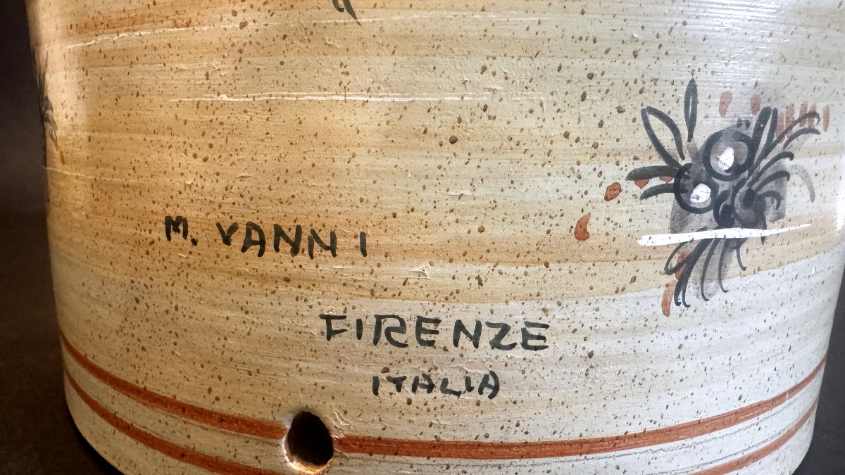 Grande lampe à poser en grès émaillé italien, scène tournante asiatique-photo-3