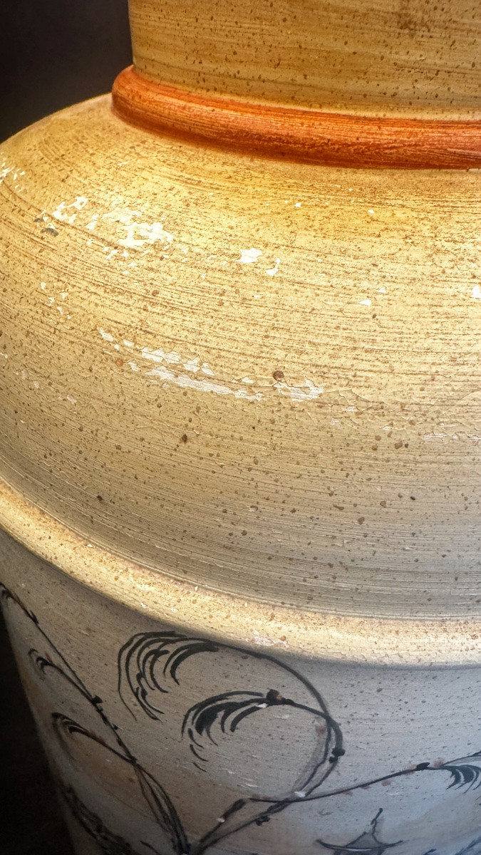 Grande lampe à poser en grès émaillé italien, scène tournante asiatique-photo-4