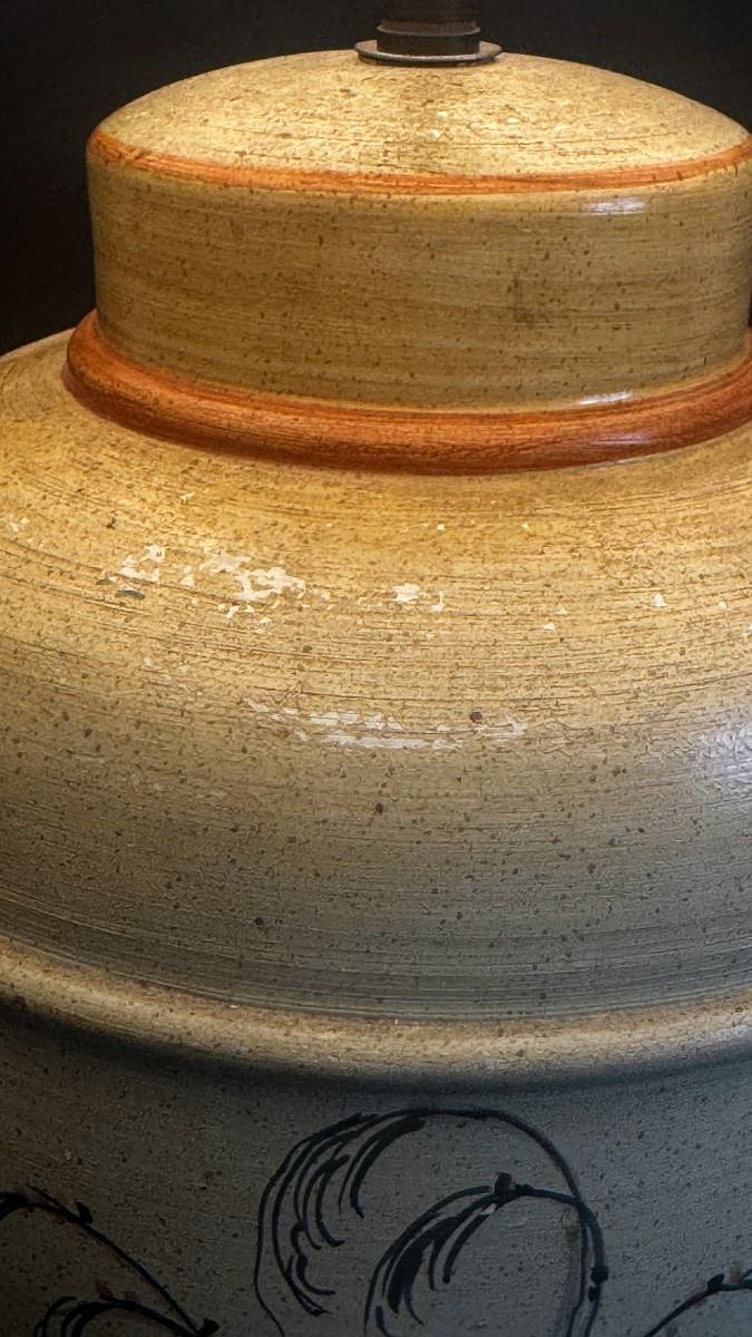 Grande lampe à poser en grès émaillé italien, scène tournante asiatique-photo-5