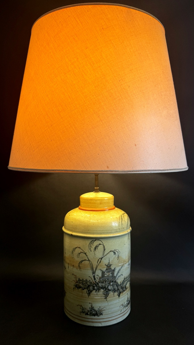 Grande lampe à poser en grès émaillé italien, scène tournante asiatique