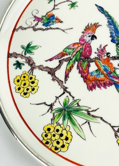 Serving Dish, Pie Dish, Silver-rimmed Porcelain, Branching Parrots-photo-2