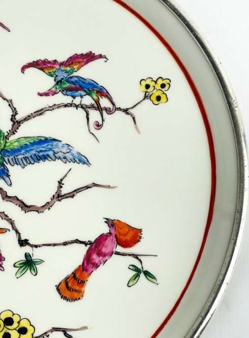 Serving Dish, Pie Dish, Silver-rimmed Porcelain, Branching Parrots-photo-4