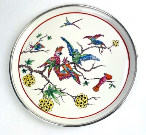 Serving Dish, Pie Dish, Silver-rimmed Porcelain, Branching Parrots