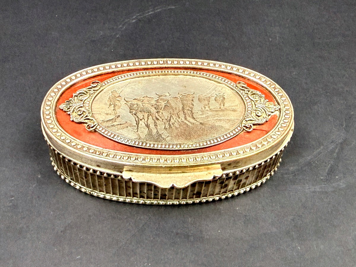 Boîte, coffret à bijoux en cuivre argenté, scène champêtre -photo-2