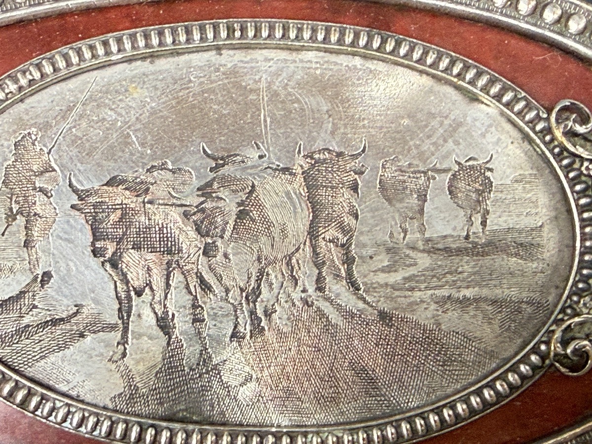 Boîte, coffret à bijoux en cuivre argenté, scène champêtre -photo-3