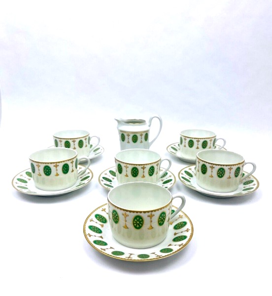 Paris Porcelain, Set Of 6 Teacups And A Milk Pitcher, “médaillon Louis XVI” Model-photo-4