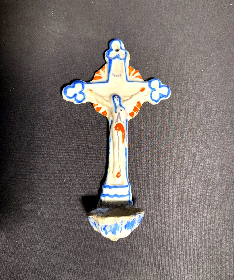 Polychrome Glazed Ceramic Bedside Holy Water Font, Martres-tolosane, Auvillar-photo-2