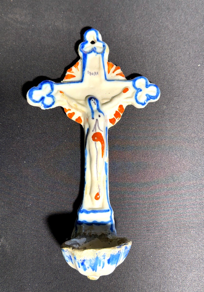 Polychrome Glazed Ceramic Bedside Holy Water Font, Martres-tolosane, Auvillar