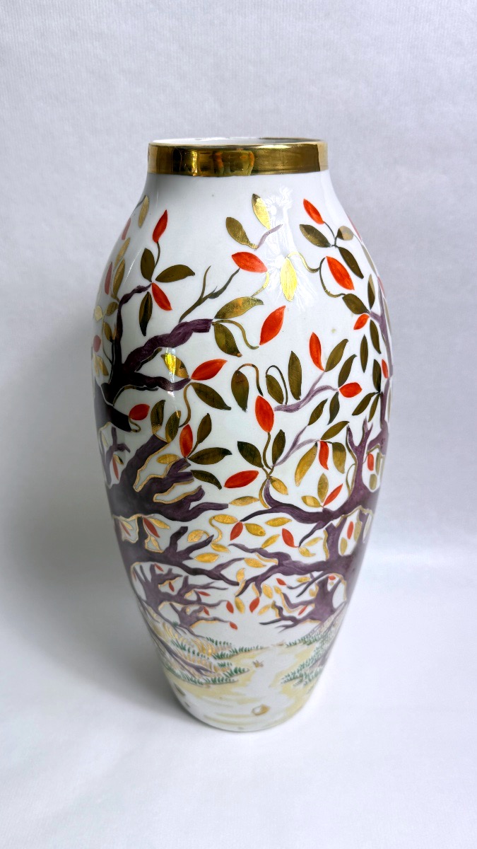 Limoges, Large Porcelain Vase Decorated By Pierre Caffin, 1951-photo-3