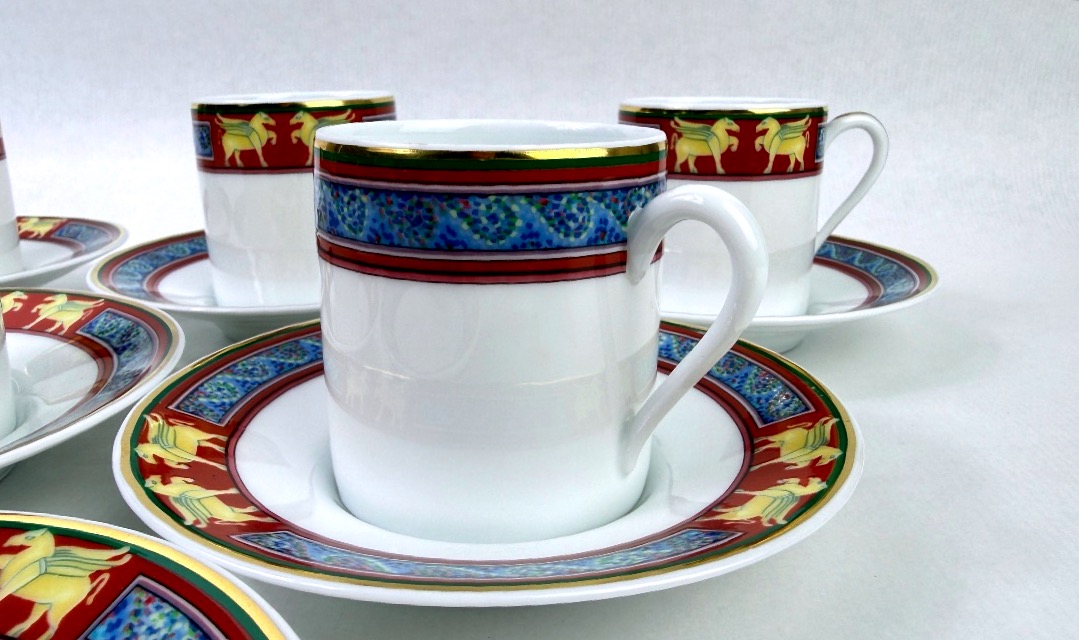 Raynaud, Limoges Porcelain, Set Of Six Pégase-style Coffee Cups-photo-4