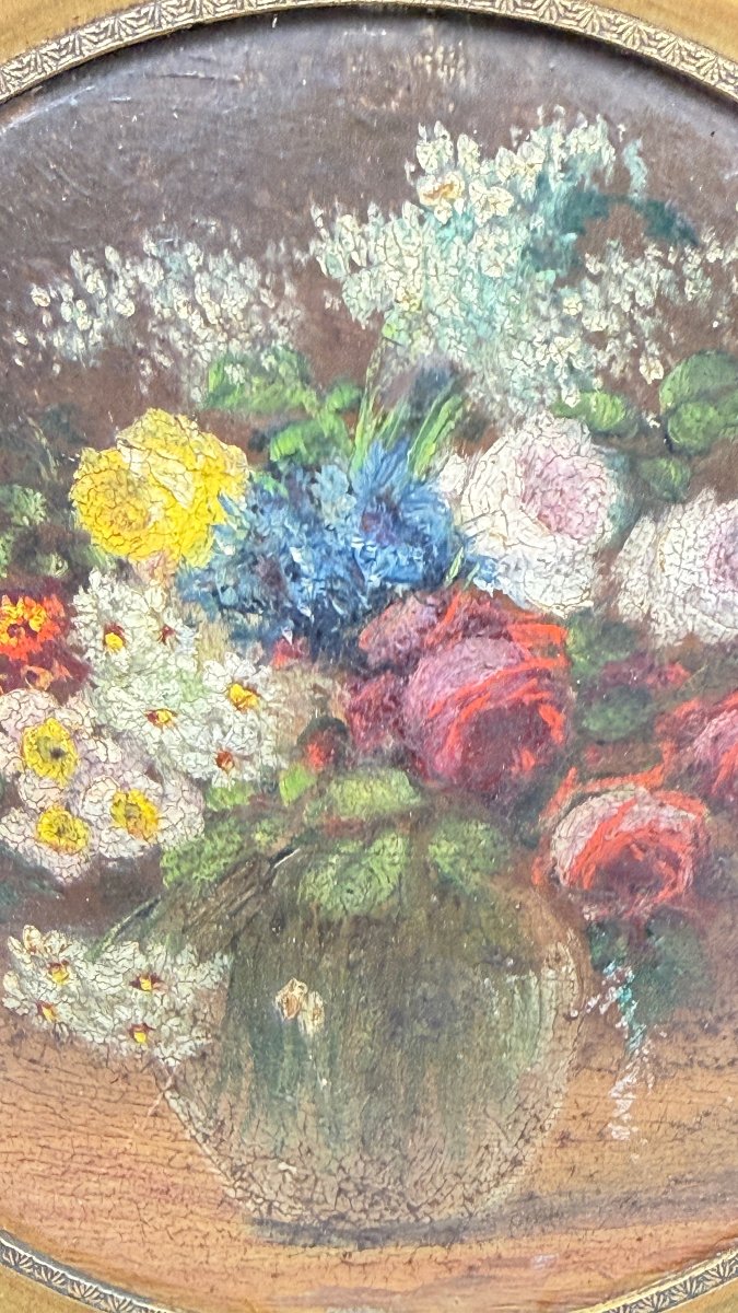 Bouquet de fleurs, miniature sur cuivre Edmond Béclart 1904-photo-3