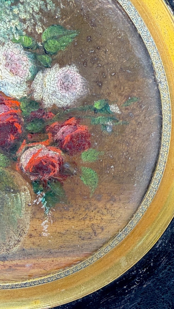 Bouquet de fleurs, miniature sur cuivre Edmond Béclart 1904-photo-4