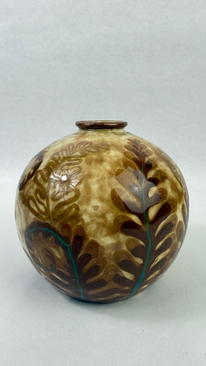 Camille Tharaud, Limoges, Ball-shaped Vase, "fougères" Model, Art Deco, Circa 1930-photo-2