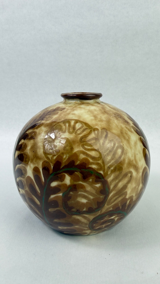 Camille Tharaud, Limoges, Ball-shaped Vase, "fougères" Model, Art Deco, Circa 1930-photo-3