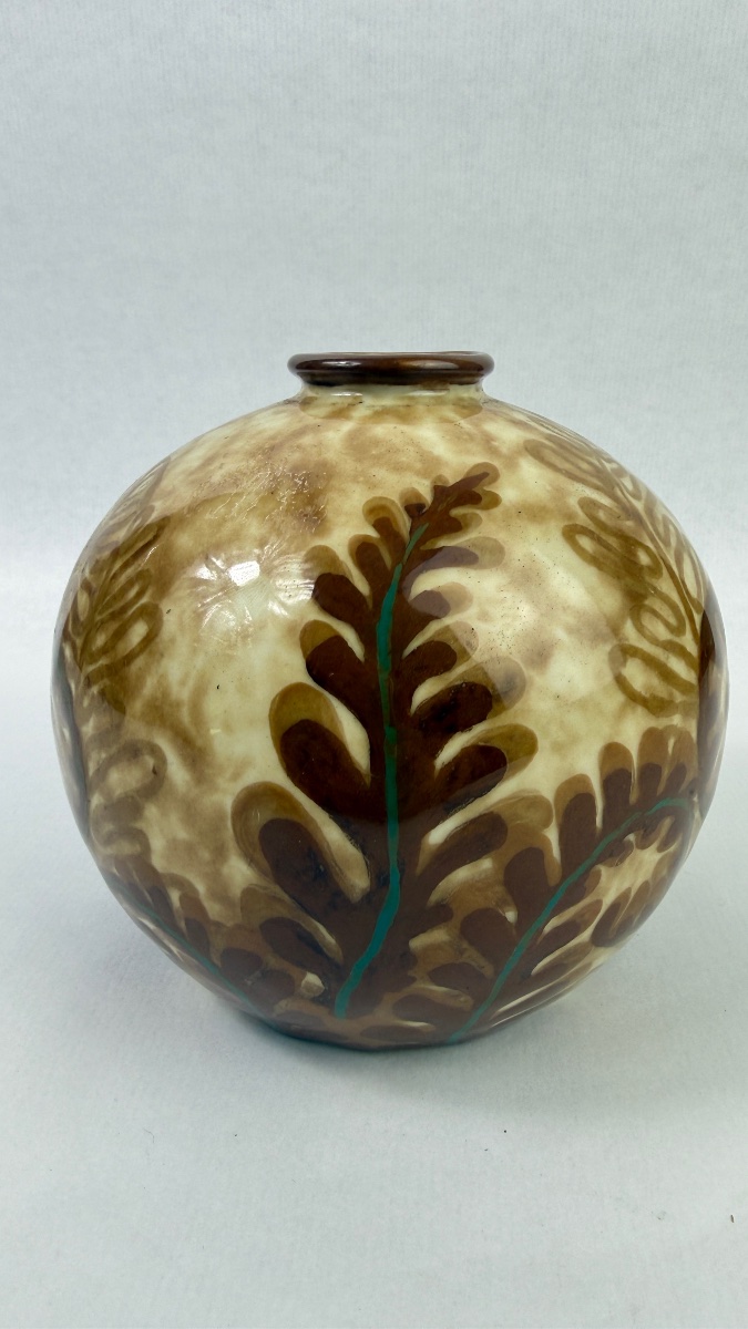 Camille Tharaud, Limoges, Ball-shaped Vase, "fougères" Model, Art Deco, Circa 1930-photo-4