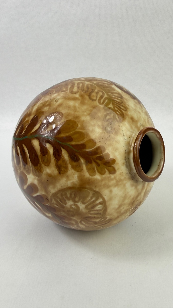 Camille Tharaud, Limoges, Ball-shaped Vase, "fougères" Model, Art Deco, Circa 1930-photo-1