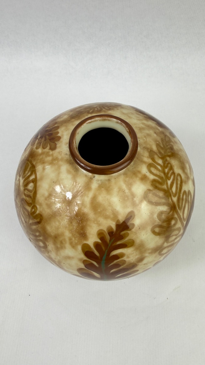 Camille Tharaud, Limoges, Ball-shaped Vase, "fougères" Model, Art Deco, Circa 1930-photo-3