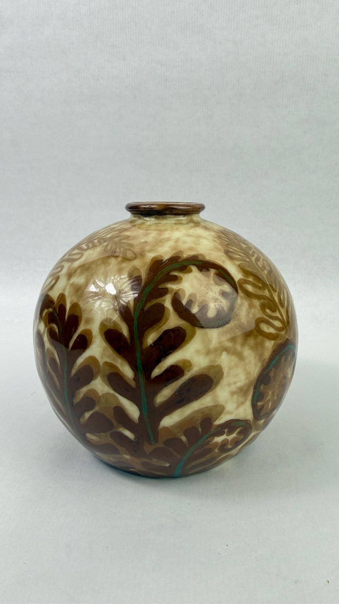 Camille Tharaud, Limoges, Ball-shaped Vase, "fougères" Model, Art Deco, Circa 1930