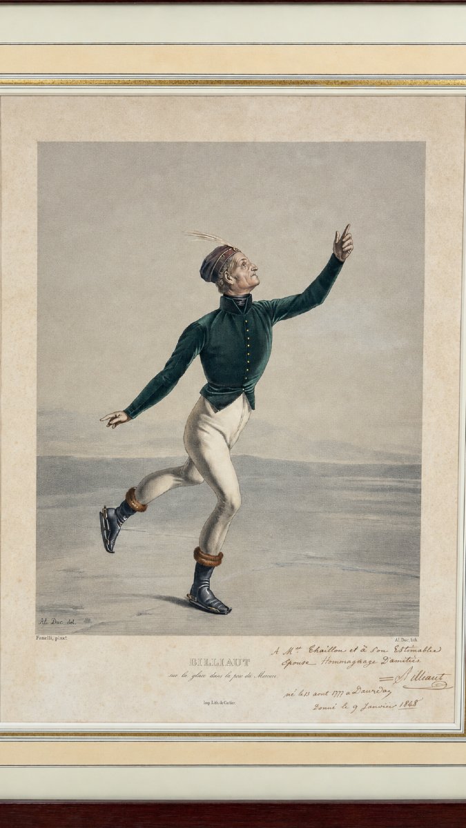 Billiaut On The Ice In The "mercure" Pose, 19th-century Color Lithograph, Inscribed-photo-2