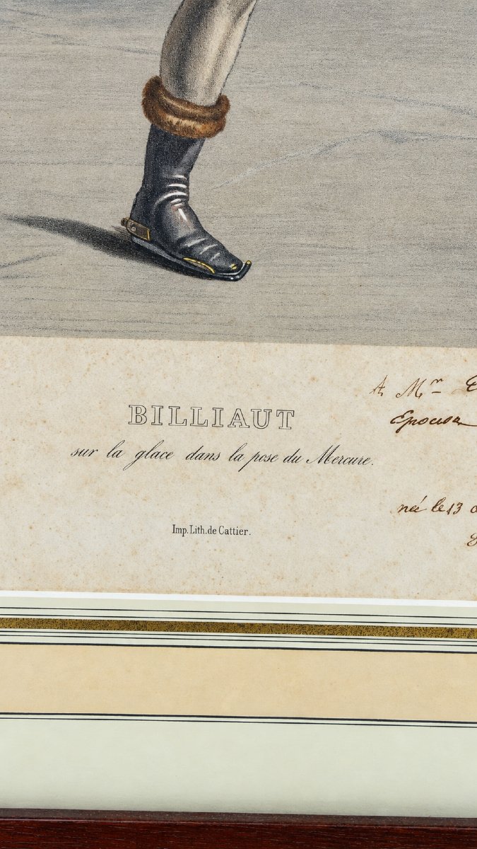 Billiaut On The Ice In The "mercure" Pose, 19th-century Color Lithograph, Inscribed-photo-2