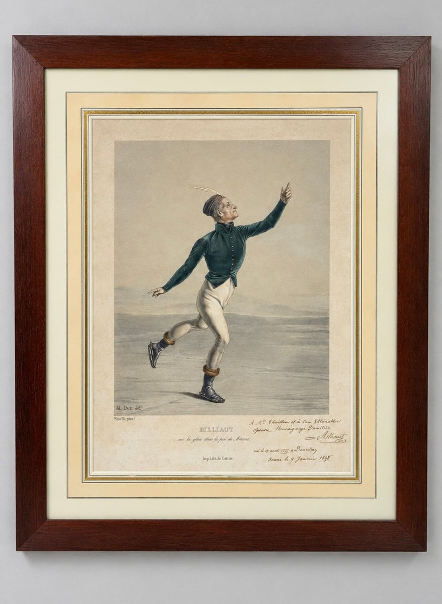 Billiaut On The Ice In The "mercure" Pose, 19th-century Color Lithograph, Inscribed