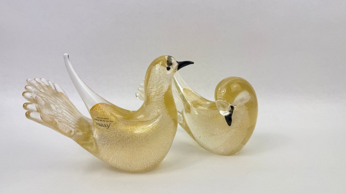 Pair Of Gold-leaf Murano Glass Doves, Signed Formia-photo-2