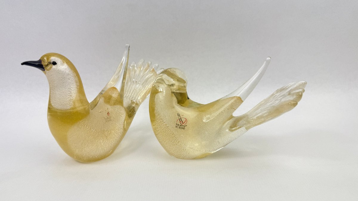 Pair Of Gold-leaf Murano Glass Doves, Signed Formia-photo-3
