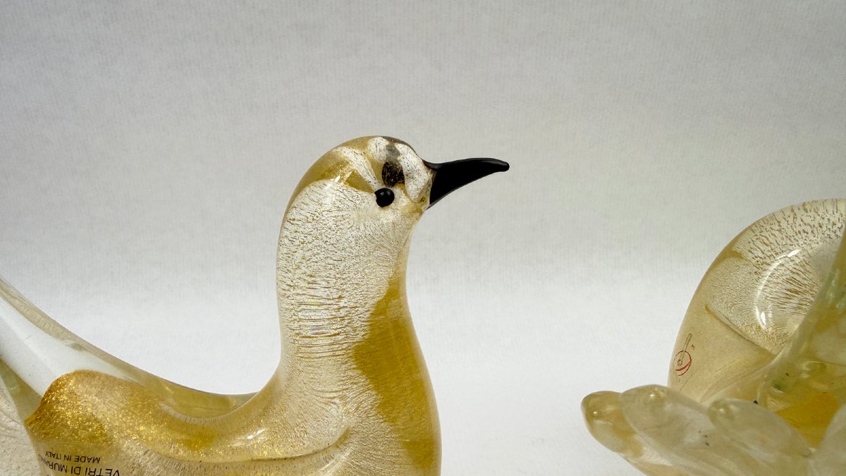 Pair Of Gold-leaf Murano Glass Doves, Signed Formia-photo-4