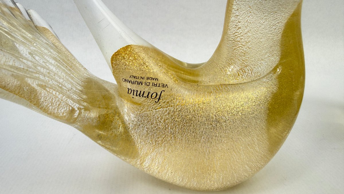 Pair Of Gold-leaf Murano Glass Doves, Signed Formia-photo-2