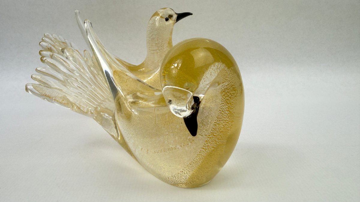 Pair Of Gold-leaf Murano Glass Doves, Signed Formia-photo-3
