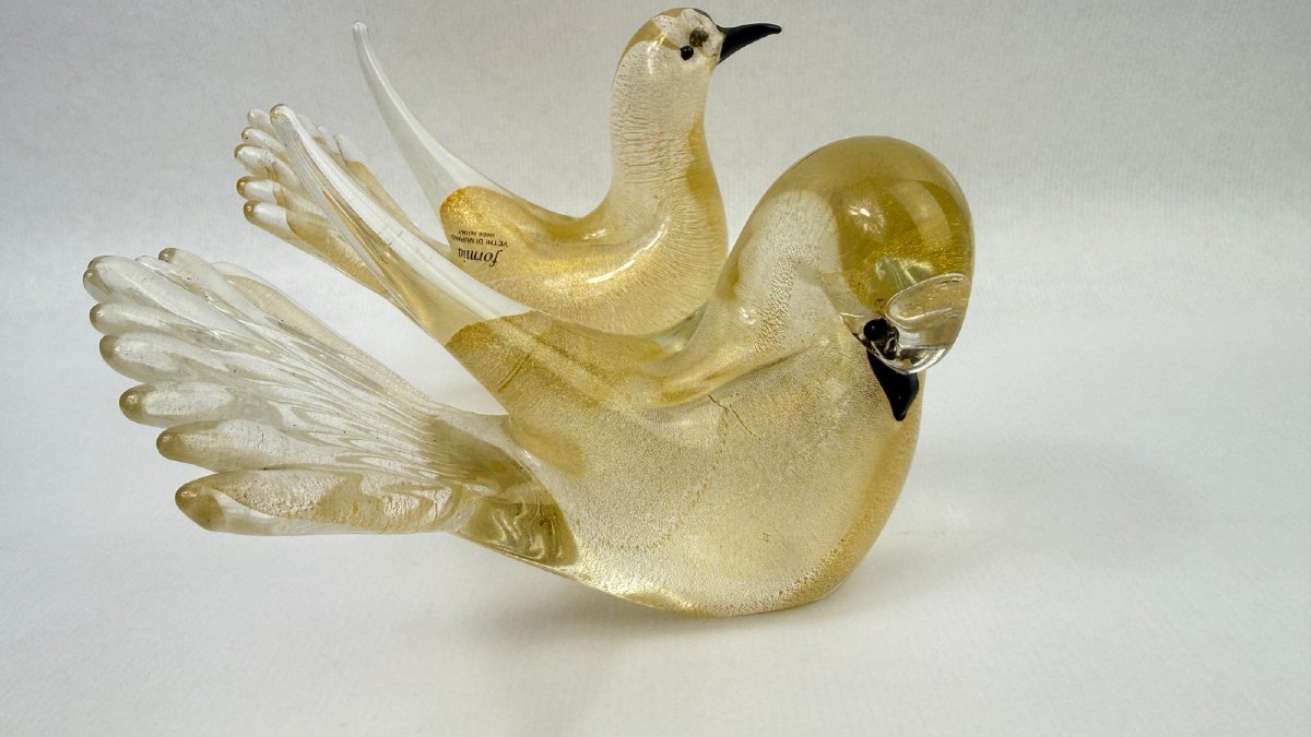 Pair Of Gold-leaf Murano Glass Doves, Signed Formia-photo-4