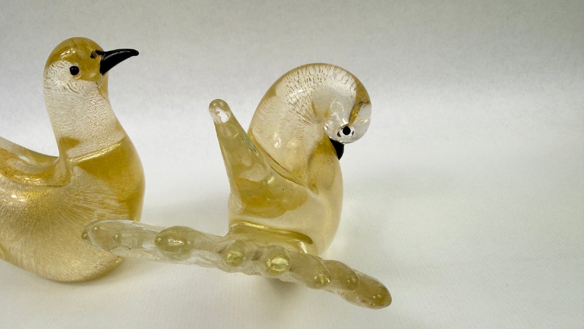 Pair Of Gold-leaf Murano Glass Doves, Signed Formia-photo-5