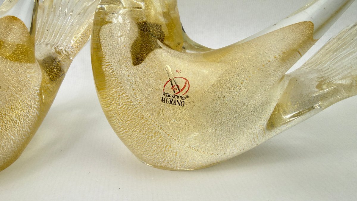 Pair Of Gold-leaf Murano Glass Doves, Signed Formia-photo-8