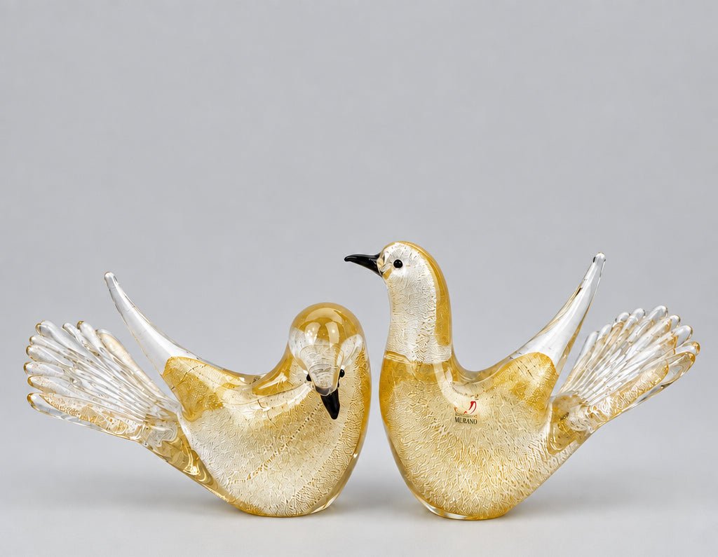 Pair Of Gold-leaf Murano Glass Doves, Signed Formia