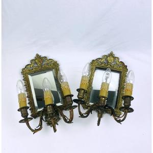 Paire d'Appliques Miroirs En Bronze
