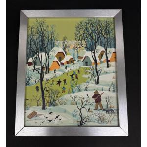 Sibinovic, The Skaters, Naive Painting Circa 1970
