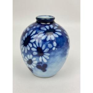 Tharaud Limoges – Vase bleu et blanc en porcelaine émaillée n°1