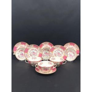 Minton, suite de 6 tasses à bouillon, pink cockatrice, oiseau de Paradis rose
