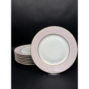 Raynaud, suite de 8 assiettes plates en porcelaine de Limoges – Modèle Mille-Raies  - 24,5 cm
