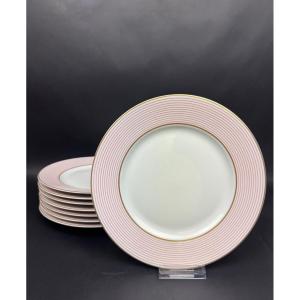 Raynaud, suite de 8 assiettes à entremets en porcelaine de Limoges – Modèle Mille-Raies - 22,5 
