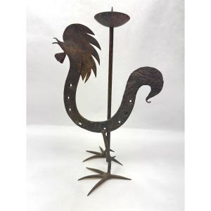 Bougeoir coq en fer forgé, 1960s dans le goût de l'atelier Marolles