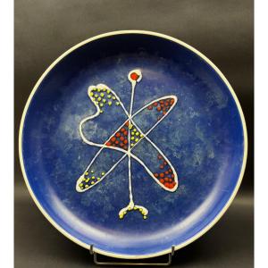 André Baud, Vallauris, Large White And Blue Glazed Ceramic Dish With Abstract Decoration C. 1955