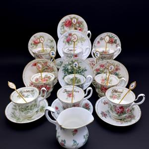 Royal Albert Flower Of The Month Tea Set, Complete, 12 Cups, Spoons & Milk Jug