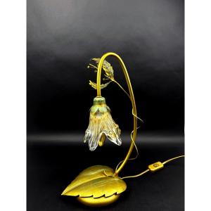 Masca Italy Floral Lamp, Gold Metal And Blown Glass