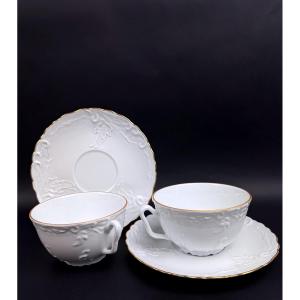 Tharaud Limoges, Suite de 2 tasses à thé, déjeuners en porcelaine blanche à bord doré