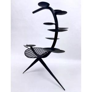 Chandelier, corbeille à fruits sculpture en fer perforé motif trèfle style Mathieu Matégot 1950